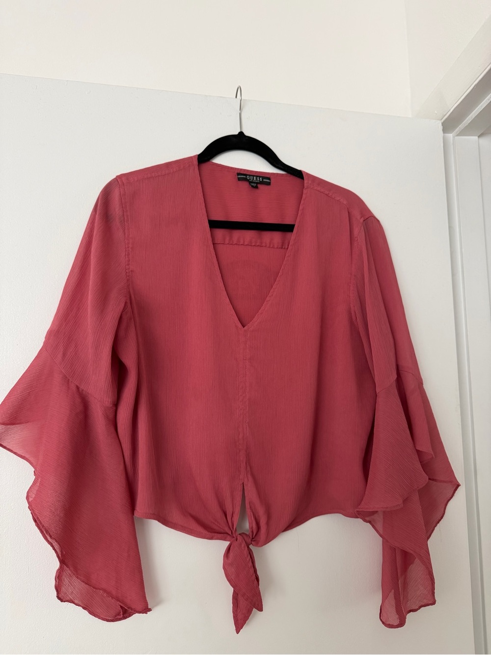Guess by Marciano Rose-Pink Tie-Front V-Neck Blouse
